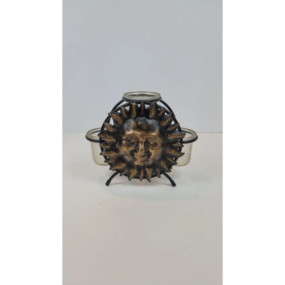Wrought‎ Iron Celestial Sun Candle Holder Glass Inserts Fairycore Whimsical